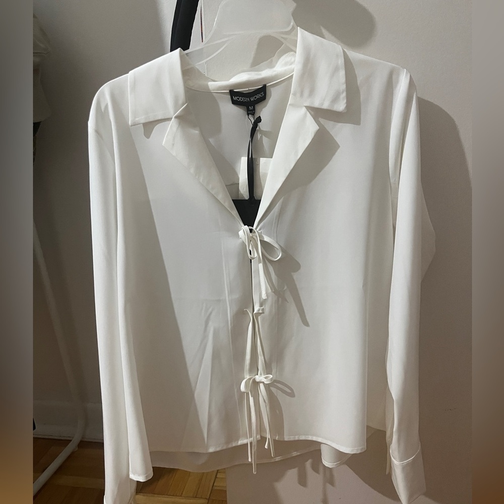Modern Works White Tie-Front Blouse
